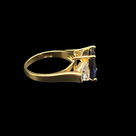 Vintage Blue Sapphire Ring With Cubic Zirconia Gold-Plated Sterling Silver - Picture 5 of 7